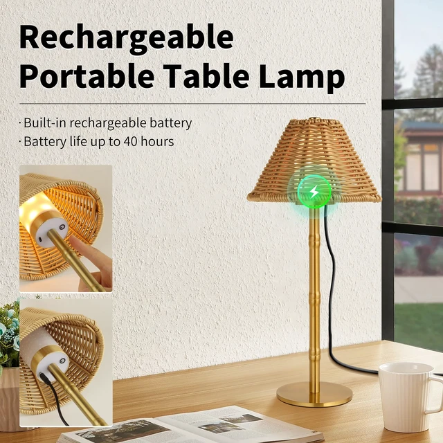 Alt view image 3 of 7 - Mr.White Rechargeable Cordless Table Lamp with Wicker Shade, 5200mAh Battery Operated Portable Table Light with Touch Control, for Patio Restaurant Kitchen Dinner (Gold)