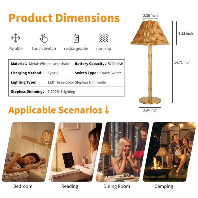 Alt view image 5 of 7 - Mr.White Rechargeable Cordless Table Lamp with Wicker Shade, 5200mAh Battery Operated Portable Table Light with Touch Control, for Patio Restaurant Kitchen Dinner (Gold)