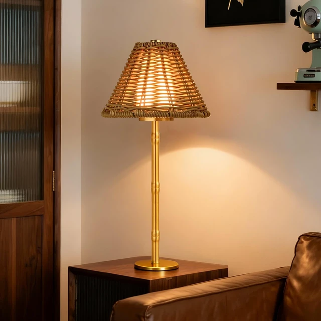 Alt view image 7 of 7 - Mr.White Rechargeable Cordless Table Lamp with Wicker Shade, 5200mAh Battery Operated Portable Table Light with Touch Control, for Patio Restaurant Kitchen Dinner (Gold)