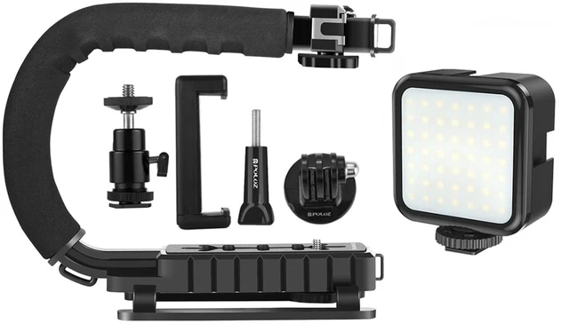 Main image of U/C Shape Video Action Stabilizing Handle Grip Handheld Stabilizer Kit with Phone Clamp + LED Studio Light for Canon Sony Nikon Cameras and Home DV Camera Smartphones