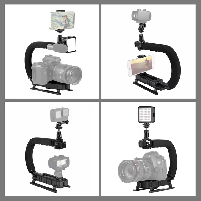 Alt view image 3 of 7 - U/C Shape Video Action Stabilizing Handle Grip Handheld Stabilizer Kit with Phone Clamp + LED Studio Light for Canon Sony Nikon Cameras and Home DV Camera Smartphones