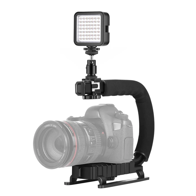 Alt view image 2 of 7 - U/C Shape Video Action Stabilizing Handle Grip Handheld Stabilizer Kit with Phone Clamp + LED Studio Light for Canon Sony Nikon Cameras and Home DV Camera Smartphones