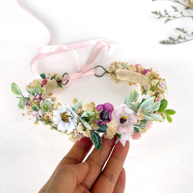 Alt view image 6 of 7 - Wildflower Flower Crown for Toddler 1st Birthday Party Headpieces 1-2 Years Baby Girls Headband Hair Accessories for Photography Wedding Soft Velvet Lined Back
