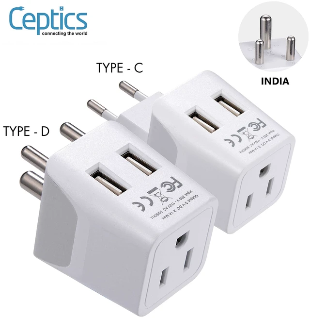 Alt view image 2 of 6 - India Travel Plug Set - with 2 USB + USA Socket Input - Type C and Type D- Ultra Compact - Safe Grounded Perfect for Cell Phones, Laptops, Camera Chargers