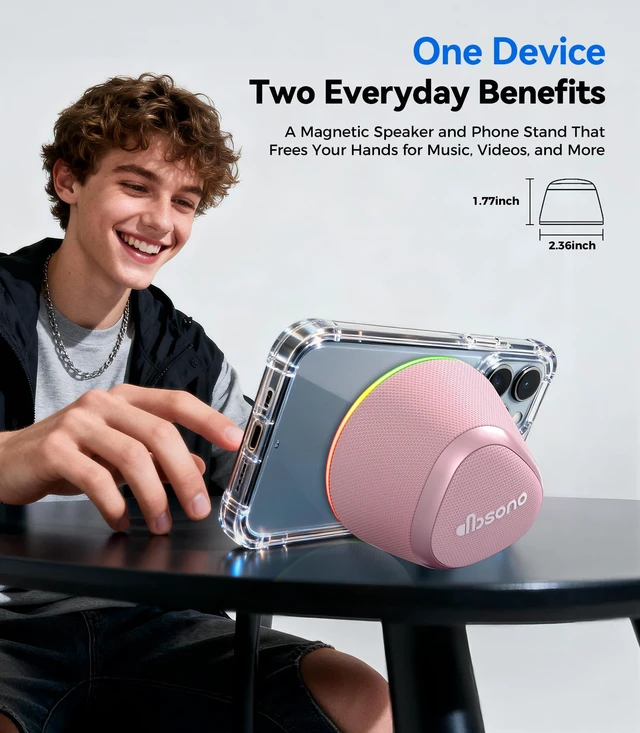 Alt view image 3 of 7 - 2 in 1 Portable Magnetic Bluetooth Speaker, Phone Stand, Rose Pink Gifts for Adults Teens, Mini Speakers, IPX5 Waterproof, Loud Sound, 9 Light Modes, TWS, Home/Office/Travel Essentials