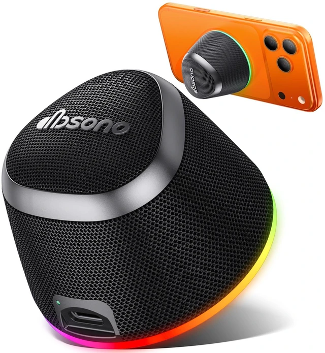 Main image of 2 in 1 Portable Magnetic Bluetooth Speaker, Phone Stand, Black Gifts for Adults Teens, Mini Speakers, IPX5 Waterproof, Loud Sound, 9 Light Modes, TWS, Home/Office/Travel Essentials