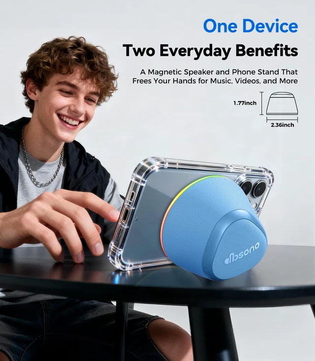 Alt view image 3 of 7 - 2 in 1 Portable Magnetic Bluetooth Speaker, Phone Stand, Blue Gifts for Adults Teens, Mini Speakers, IPX5 Waterproof, Loud Sound, 9 Light Modes, TWS, Home/Office/Travel Essentials
