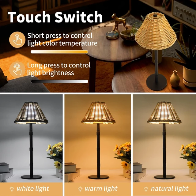 Alt view image 2 of 7 - Mr.White Rechargeable Cordless Table Lamp with Wicker Shade, 5200mAh Battery Operated Portable Table Light with Touch Control, for Patio Restaurant Kitchen Dinner (Black)