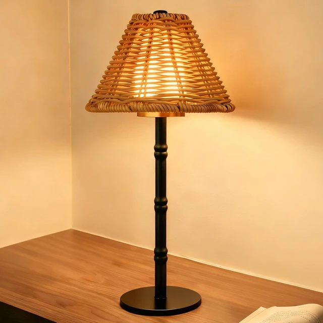 Main image of Mr.White Rechargeable Cordless Table Lamp with Wicker Shade, 5200mAh Battery Operated Portable Table Light with Touch Control, for Patio Restaurant Kitchen Dinner (Black)