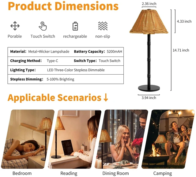 Alt view image 5 of 7 - Mr.White Rechargeable Cordless Table Lamp with Wicker Shade, 5200mAh Battery Operated Portable Table Light with Touch Control, for Patio Restaurant Kitchen Dinner (Black)