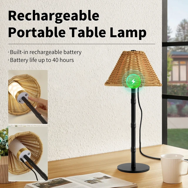 Alt view image 4 of 7 - Mr.White Rechargeable Cordless Table Lamp with Wicker Shade, 5200mAh Battery Operated Portable Table Light with Touch Control, for Patio Restaurant Kitchen Dinner (Black)