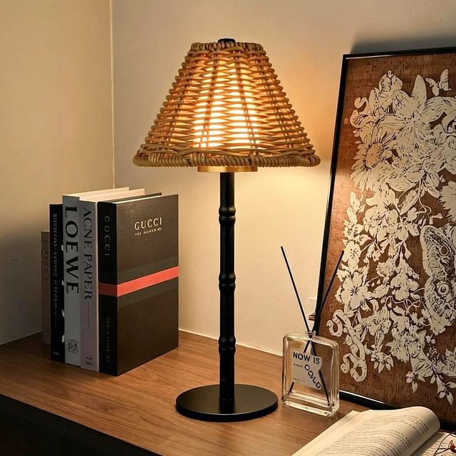 Alt view image 6 of 7 - Mr.White Rechargeable Cordless Table Lamp with Wicker Shade, 5200mAh Battery Operated Portable Table Light with Touch Control, for Patio Restaurant Kitchen Dinner (Black)