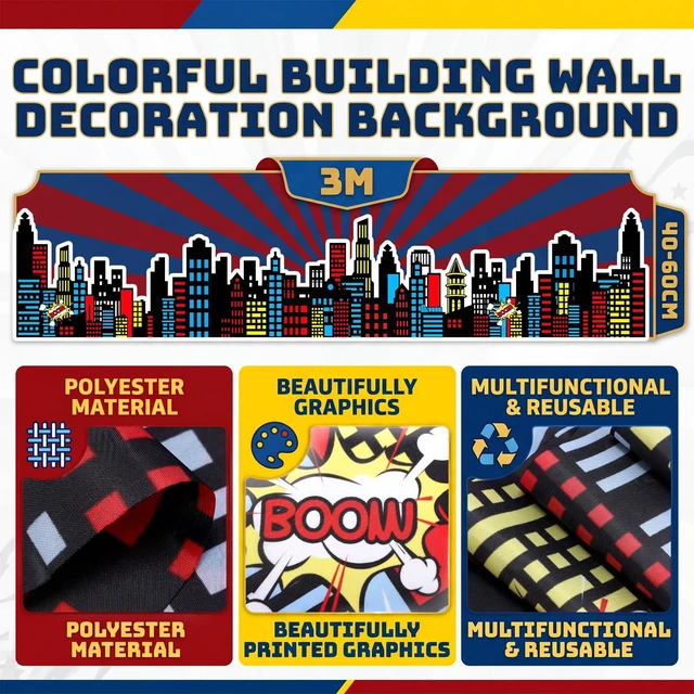 Alt view image 2 of 7 - 9.8 ft colorful hero Classroom Wall Decor Classroom Backdrop Cuttable Skyscraper City, Preschool Kindergarten classroom Decoration Backdrop with Adhesive Dots, Daycare Back to School