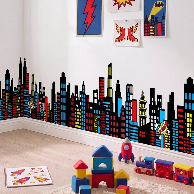 Main image of 9.8 ft colorful hero Classroom Wall Decor Classroom Backdrop Cuttable Skyscraper City, Preschool Kindergarten classroom Decoration Backdrop with Adhesive Dots, Daycare Back to School