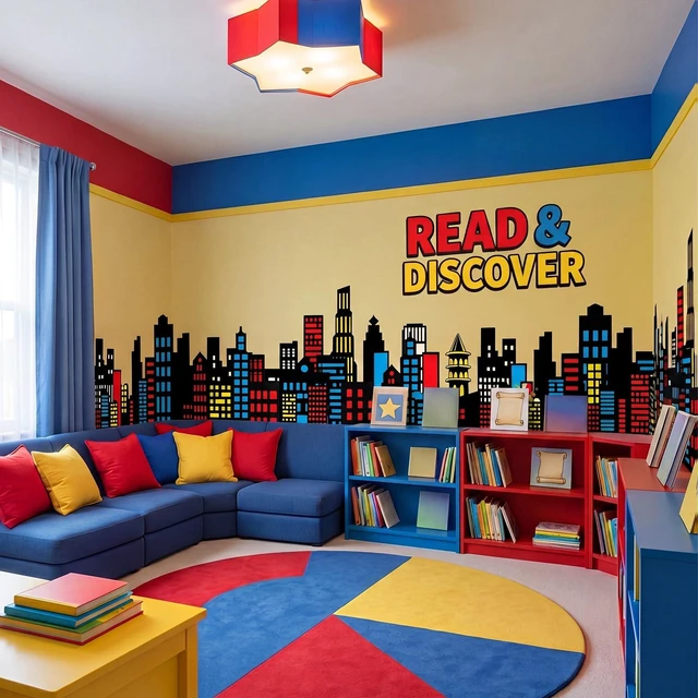 Alt view image 4 of 7 - 9.8 ft colorful hero Classroom Wall Decor Classroom Backdrop Cuttable Skyscraper City, Preschool Kindergarten classroom Decoration Backdrop with Adhesive Dots, Daycare Back to School