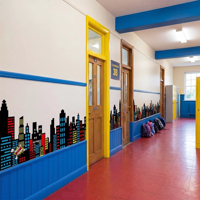 Alt view image 5 of 7 - 9.8 ft colorful hero Classroom Wall Decor Classroom Backdrop Cuttable Skyscraper City, Preschool Kindergarten classroom Decoration Backdrop with Adhesive Dots, Daycare Back to School