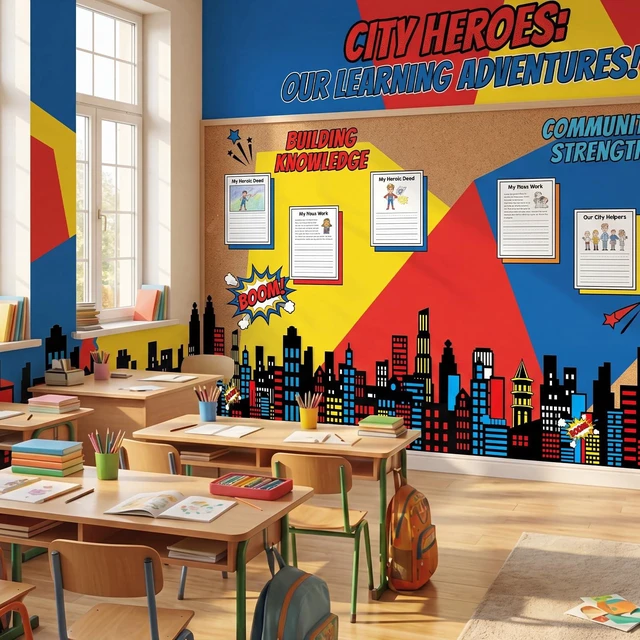 Alt view image 6 of 7 - 9.8 ft colorful hero Classroom Wall Decor Classroom Backdrop Cuttable Skyscraper City, Preschool Kindergarten classroom Decoration Backdrop with Adhesive Dots, Daycare Back to School
