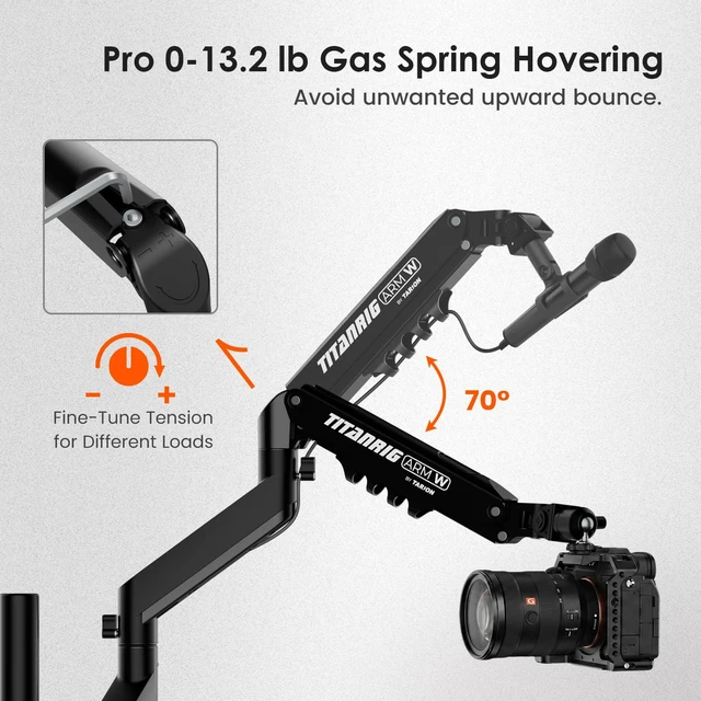 Alt view image 3 of 7 - Pneumatic Camera Mount 25" Modular 3-Section Titanrig Arm W 0-13.2 lbs Load, Compatible with Titanrig 35mm Rod, Gas Spring Floating Arm, with 1/4" 3/8" Screw Ballhead, Phone Holder