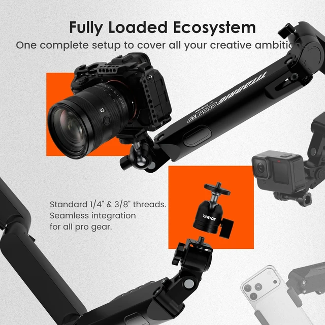 Alt view image 6 of 7 - Pneumatic Camera Mount 25" Modular 3-Section Titanrig Arm W 0-13.2 lbs Load, Compatible with Titanrig 35mm Rod, Gas Spring Floating Arm, with 1/4" 3/8" Screw Ballhead, Phone Holder
