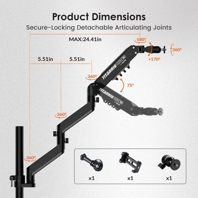 Alt view image 7 of 7 - Pneumatic Camera Mount 25" Modular 3-Section Titanrig Arm W 0-13.2 lbs Load, Compatible with Titanrig 35mm Rod, Gas Spring Floating Arm, with 1/4" 3/8" Screw Ballhead, Phone Holder