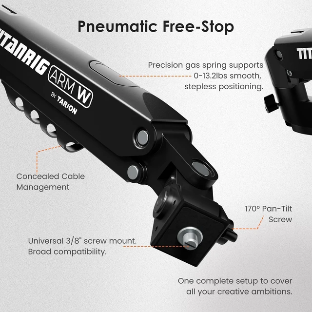 Alt view image 5 of 7 - Pneumatic Camera Mount 25" Modular 3-Section Titanrig Arm W 0-13.2 lbs Load, Compatible with Titanrig 35mm Rod, Gas Spring Floating Arm, with 1/4" 3/8" Screw Ballhead, Phone Holder