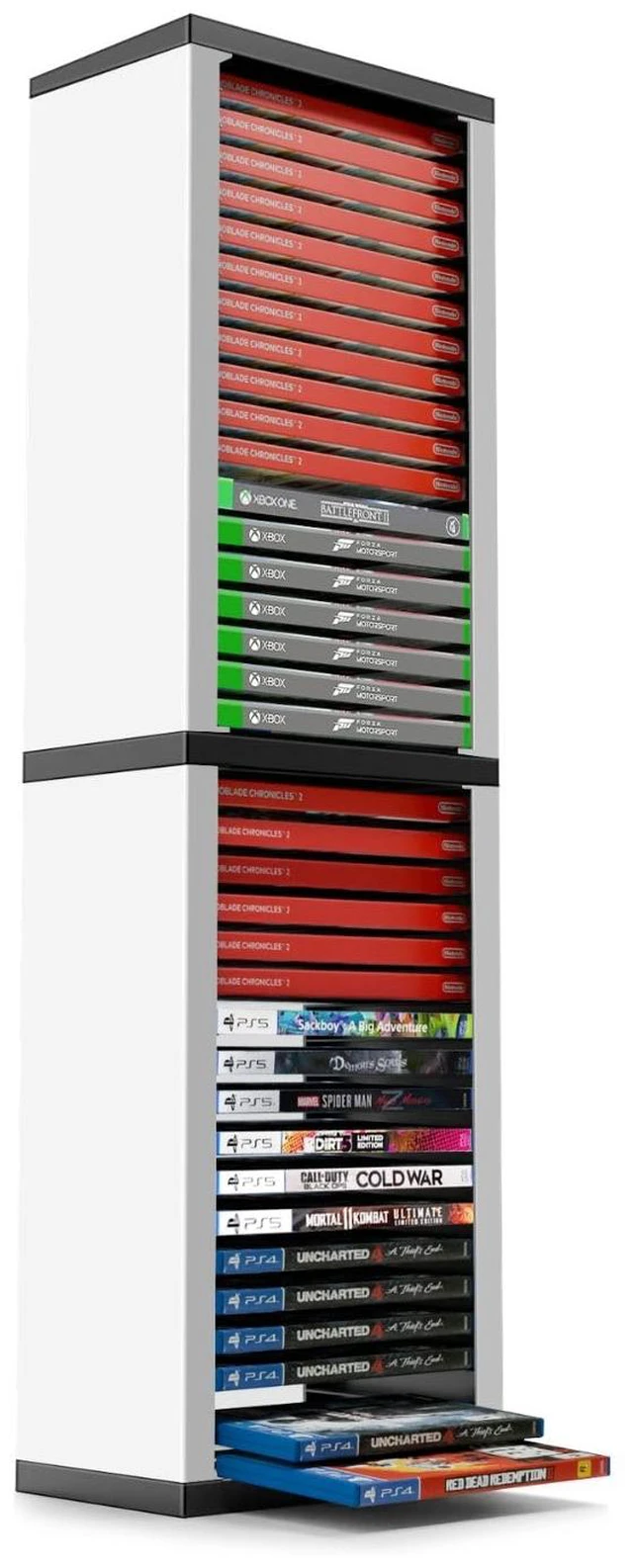 Main image of Video Game Storage Tower for PS5 and Nintendo Switch, 12 Cases, White Universal Game Case Holder for Ps4, Ps3, Xbox One, Xbox Series X/S and Blu-Ray Discs; Compact Vertical Organizer