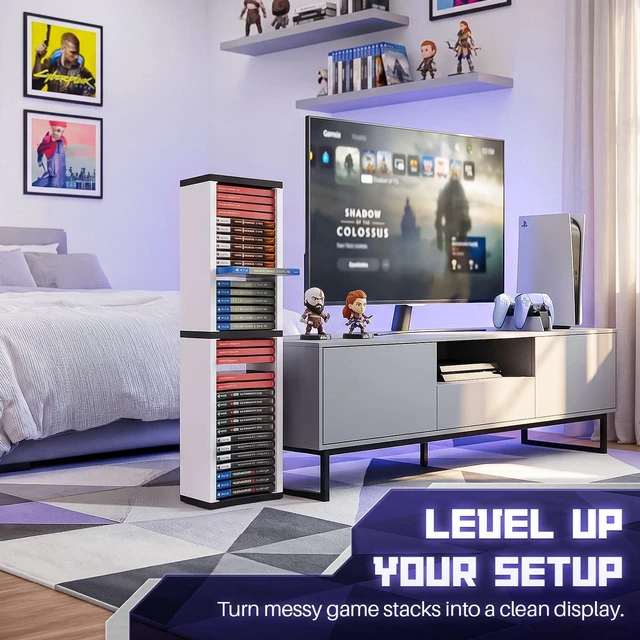 Alt view image 2 of 7 - Video Game Storage Tower for PS5 and Nintendo Switch, 12 Cases, White Universal Game Case Holder for Ps4, Ps3, Xbox One, Xbox Series X/S and Blu-Ray Discs; Compact Vertical Organizer