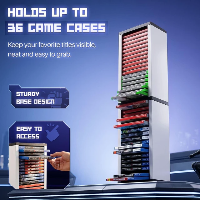 Alt view image 3 of 7 - Video Game Storage Tower for PS5 and Nintendo Switch, 12 Cases, White Universal Game Case Holder for Ps4, Ps3, Xbox One, Xbox Series X/S and Blu-Ray Discs; Compact Vertical Organizer