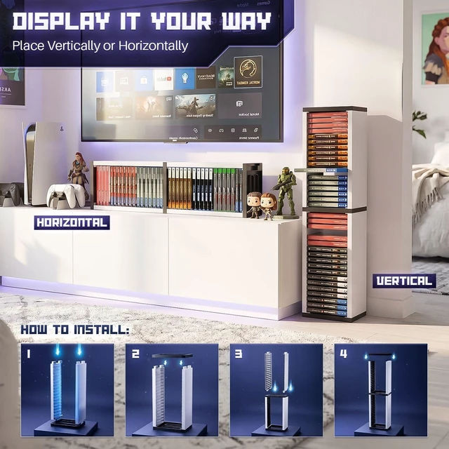 Alt view image 4 of 7 - Video Game Storage Tower for PS5 and Nintendo Switch, 12 Cases, White Universal Game Case Holder for Ps4, Ps3, Xbox One, Xbox Series X/S and Blu-Ray Discs; Compact Vertical Organizer