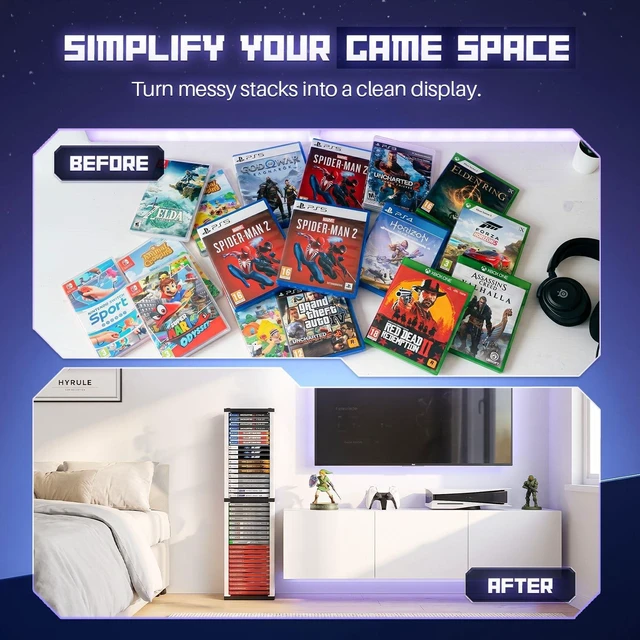 Alt view image 5 of 7 - Video Game Storage Tower for PS5 and Nintendo Switch, 12 Cases, White Universal Game Case Holder for Ps4, Ps3, Xbox One, Xbox Series X/S and Blu-Ray Discs; Compact Vertical Organizer
