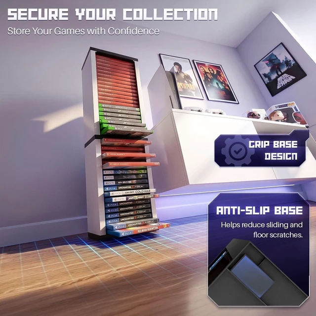 Alt view image 6 of 7 - Video Game Storage Tower for PS5 and Nintendo Switch, 12 Cases, White Universal Game Case Holder for Ps4, Ps3, Xbox One, Xbox Series X/S and Blu-Ray Discs; Compact Vertical Organizer
