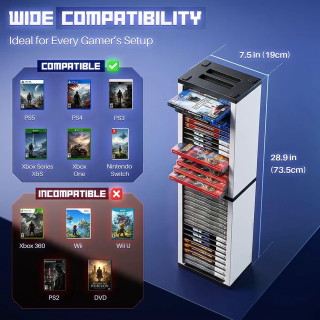 Alt view image 7 of 7 - Video Game Storage Tower for PS5 and Nintendo Switch, 12 Cases, White Universal Game Case Holder for Ps4, Ps3, Xbox One, Xbox Series X/S and Blu-Ray Discs; Compact Vertical Organizer