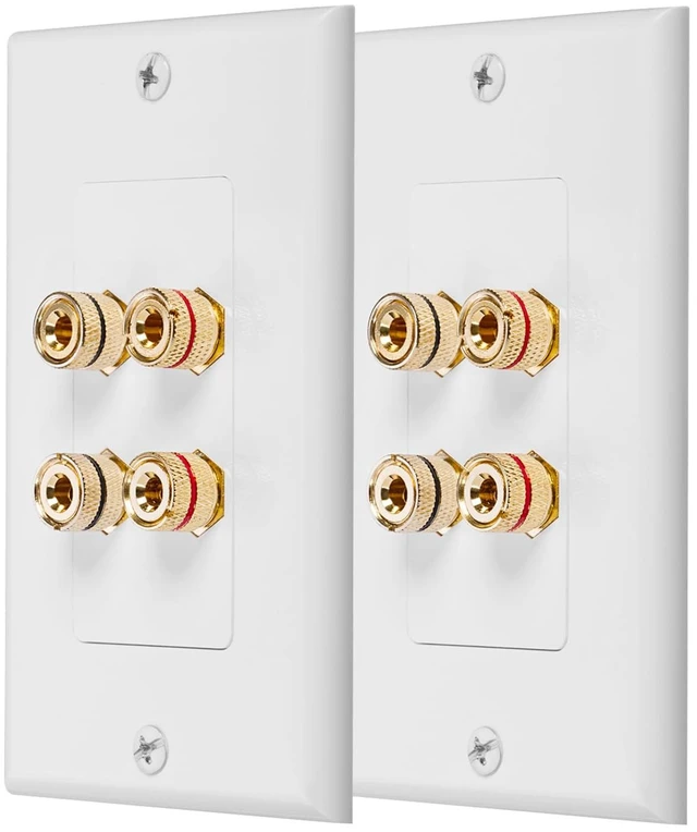 Main image of Home Theater Speaker Wire Wall Plate, White - 2 Pack Two Speaker Premium Quality Gold Plated Copper Banana Plug Coupler Outlet Distribution Faceplate for Surround Sound Audio System Wire
