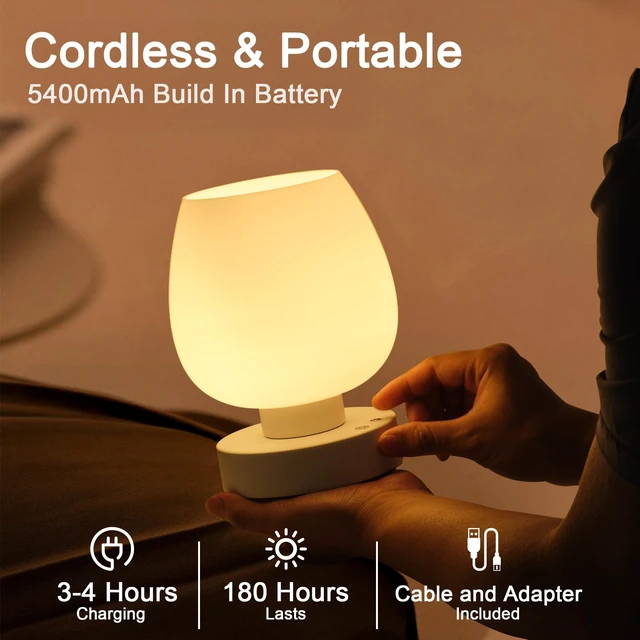Alt view image 2 of 7 - Cordless Touch Bedside Table Lamp, Small Rechargeable Battery RGB Light Touch Control Dimmable, 8 RGB Colors with Memory, 5400mAh Battery, Glass Lampshade, for Bedroom Living Room Kitchen Counter