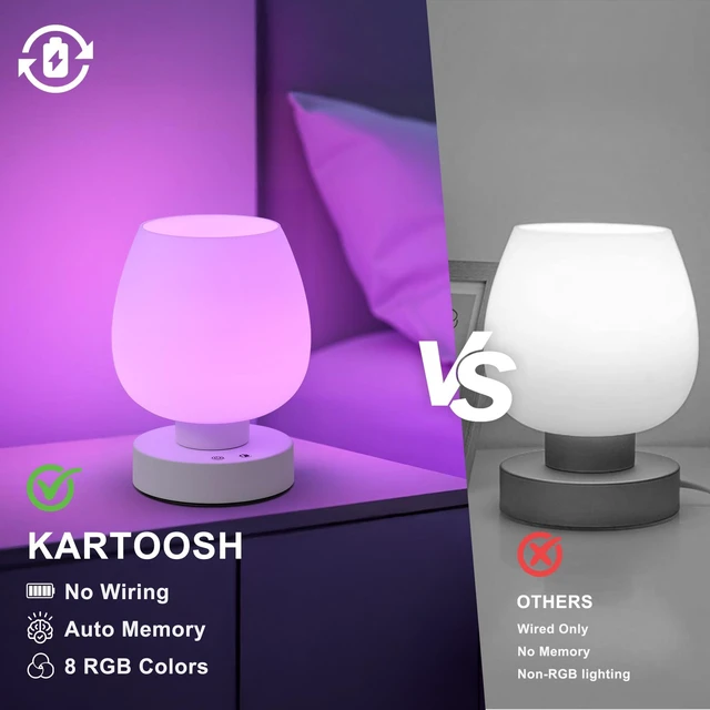Alt view image 3 of 7 - Cordless Touch Bedside Table Lamp, Small Rechargeable Battery RGB Light Touch Control Dimmable, 8 RGB Colors with Memory, 5400mAh Battery, Glass Lampshade, for Bedroom Living Room Kitchen Counter