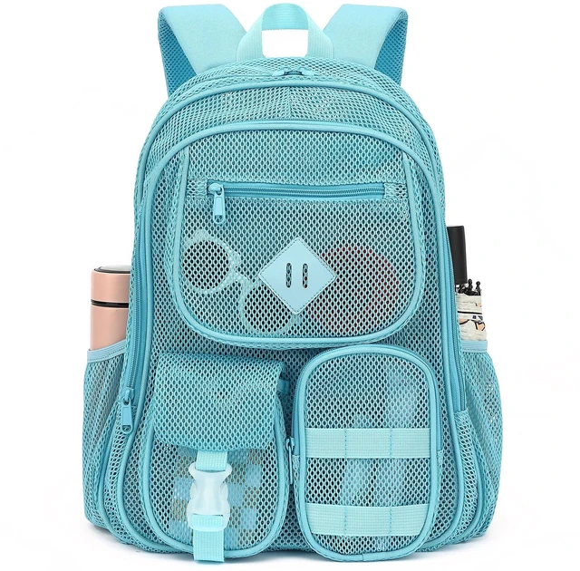 Main image of Mesh Backpack for Boys Girls Adults, Heavy Duty See Through School Bookbag for Outdoor, Beach, Swimming, Travel (Sky Blue)