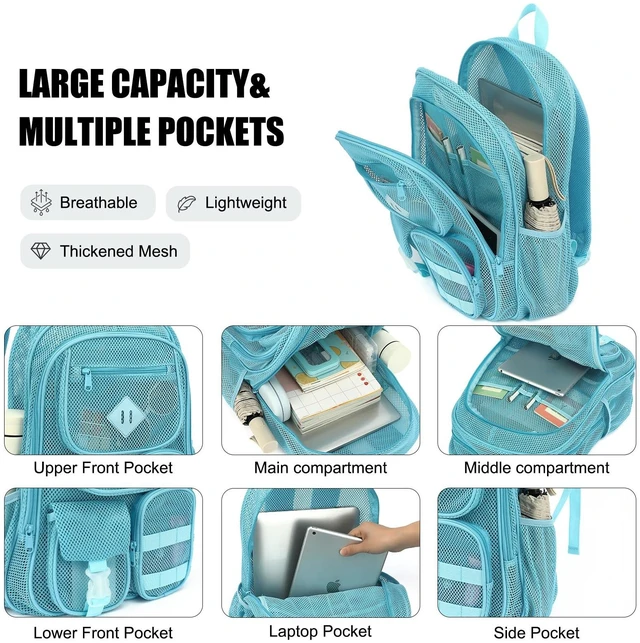 Alt view image 3 of 6 - Mesh Backpack for Boys Girls Adults, Heavy Duty See Through School Bookbag for Outdoor, Beach, Swimming, Travel (Sky Blue)