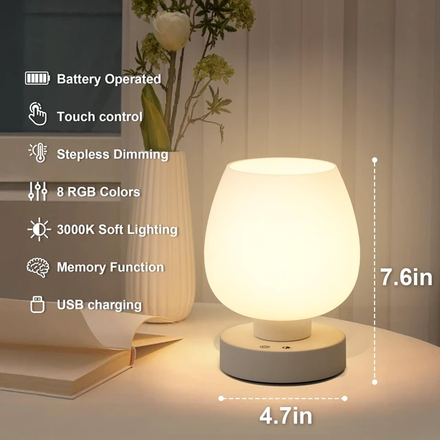 Alt view image 7 of 7 - Cordless Touch Bedside Table Lamp, Small Rechargeable Battery RGB Light Touch Control Dimmable, 8 RGB Colors with Memory, 5400mAh Battery, Glass Lampshade, for Bedroom Living Room Kitchen Counter