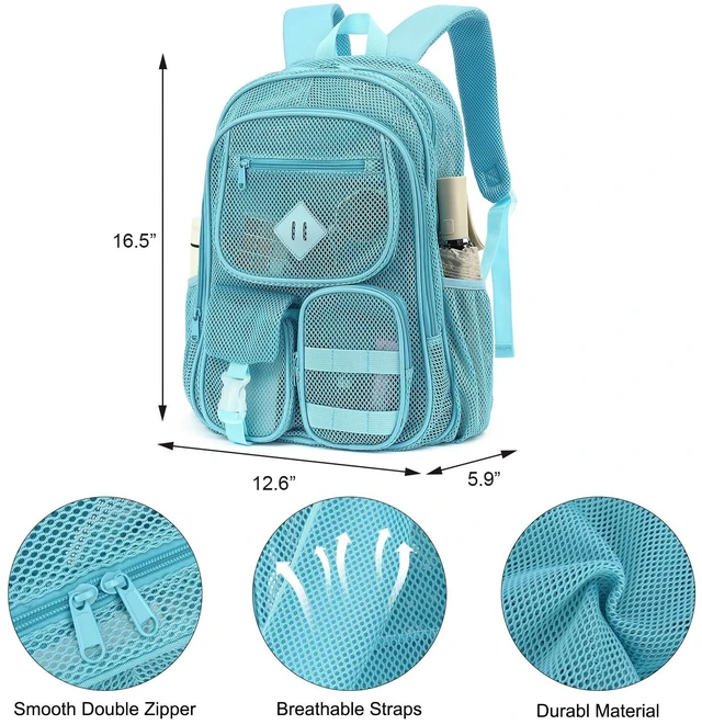 Alt view image 4 of 6 - Mesh Backpack for Boys Girls Adults, Heavy Duty See Through School Bookbag for Outdoor, Beach, Swimming, Travel (Sky Blue)