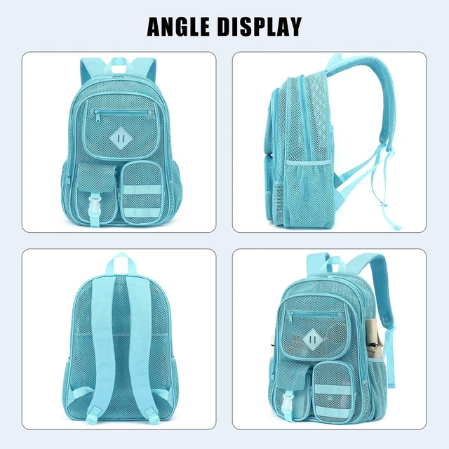 Alt view image 6 of 6 - Mesh Backpack for Boys Girls Adults, Heavy Duty See Through School Bookbag for Outdoor, Beach, Swimming, Travel (Sky Blue)