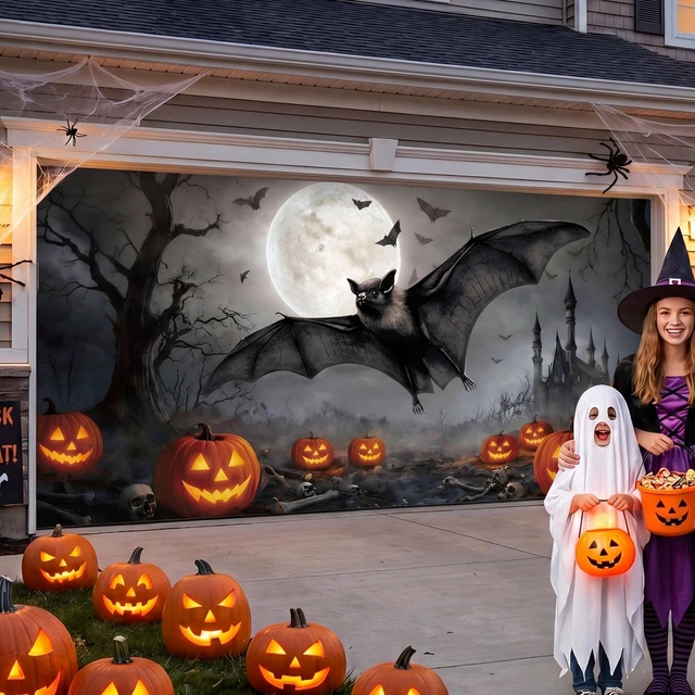 Alt view image 6 of 7 - 7x16 ft Bat Halloween Garage Door Cover Pumpkin Moon Backdrop Outdoor Banner for Yard Wall Party, Spooky Bat Pumpkin Design, Waterproof Material, Easy Hang for Holiday Decor