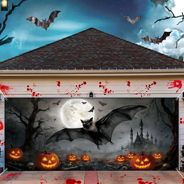 Alt view image 3 of 7 - 7x16 ft Bat Halloween Garage Door Cover Pumpkin Moon Backdrop Outdoor Banner for Yard Wall Party, Spooky Bat Pumpkin Design, Waterproof Material, Easy Hang for Holiday Decor