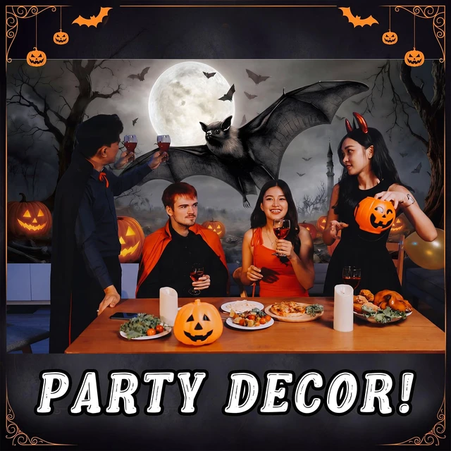 Alt view image 4 of 7 - 7x16 ft Bat Halloween Garage Door Cover Pumpkin Moon Backdrop Outdoor Banner for Yard Wall Party, Spooky Bat Pumpkin Design, Waterproof Material, Easy Hang for Holiday Decor