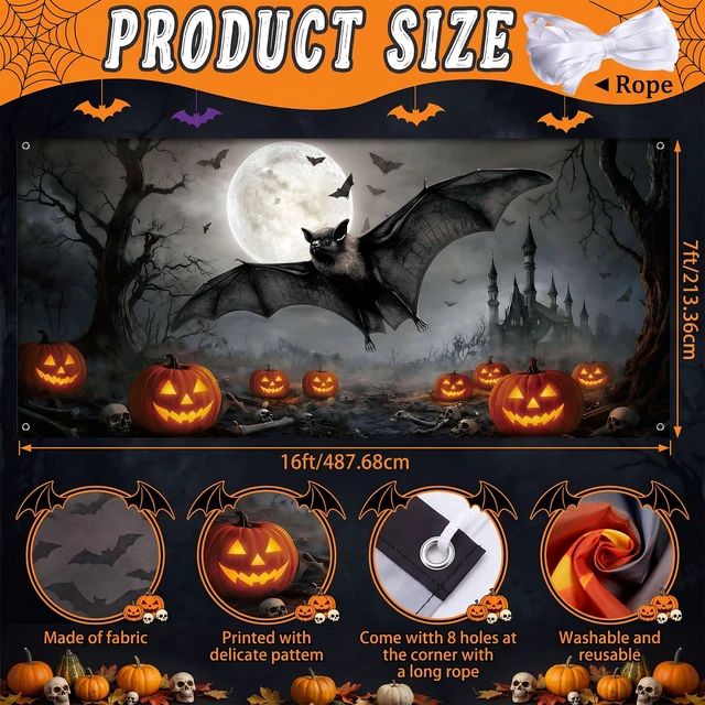 Alt view image 2 of 7 - 7x16 ft Bat Halloween Garage Door Cover Pumpkin Moon Backdrop Outdoor Banner for Yard Wall Party, Spooky Bat Pumpkin Design, Waterproof Material, Easy Hang for Holiday Decor