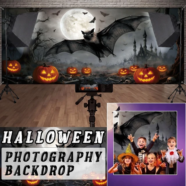 Alt view image 5 of 7 - 7x16 ft Bat Halloween Garage Door Cover Pumpkin Moon Backdrop Outdoor Banner for Yard Wall Party, Spooky Bat Pumpkin Design, Waterproof Material, Easy Hang for Holiday Decor