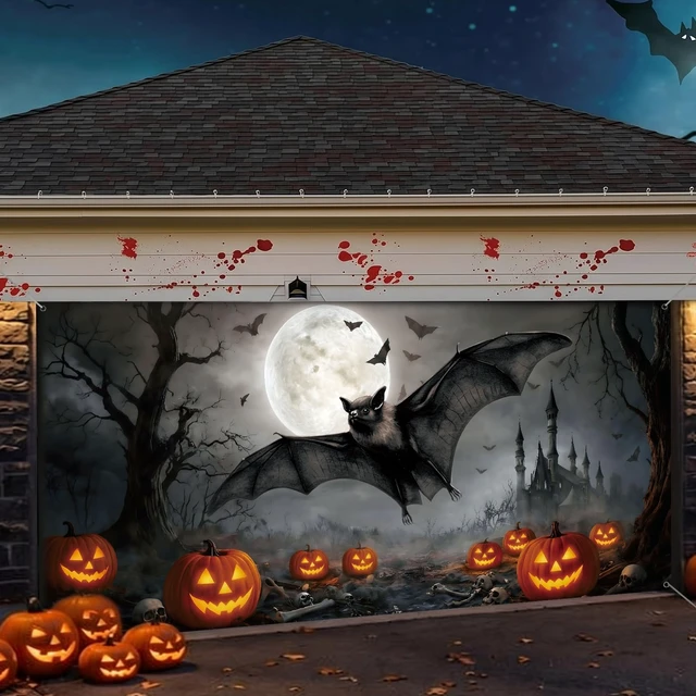 Alt view image 7 of 7 - 7x16 ft Bat Halloween Garage Door Cover Pumpkin Moon Backdrop Outdoor Banner for Yard Wall Party, Spooky Bat Pumpkin Design, Waterproof Material, Easy Hang for Holiday Decor