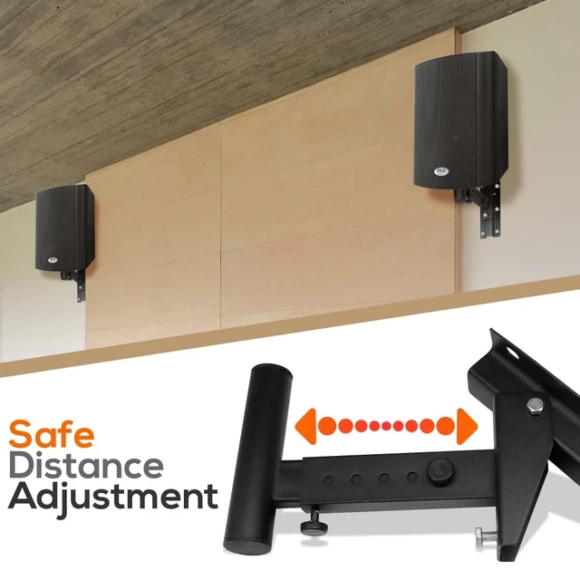 Alt view image 4 of 6 - Wall Mount Speaker Bracket Stands - Dual Universal Adjustable w/ 12.5'' Distance from Wall, 90°-30° Angle, Tilt, Rotation Adjustment & Solid-Steel Pin Serves as Safety-Stop (Pair) PSTNDW15