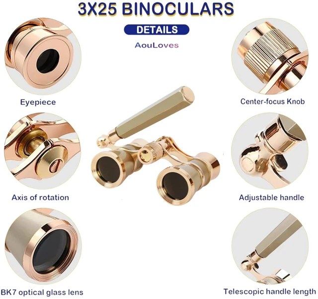 Alt view image 5 of 7 - Opera Glasses, 3x25 Theatre Binoculars with Adjustable Handle Vintage-style metal binoculars with a refined finish. Adjustable handle for comfortable viewing. Great for concerts, musicals