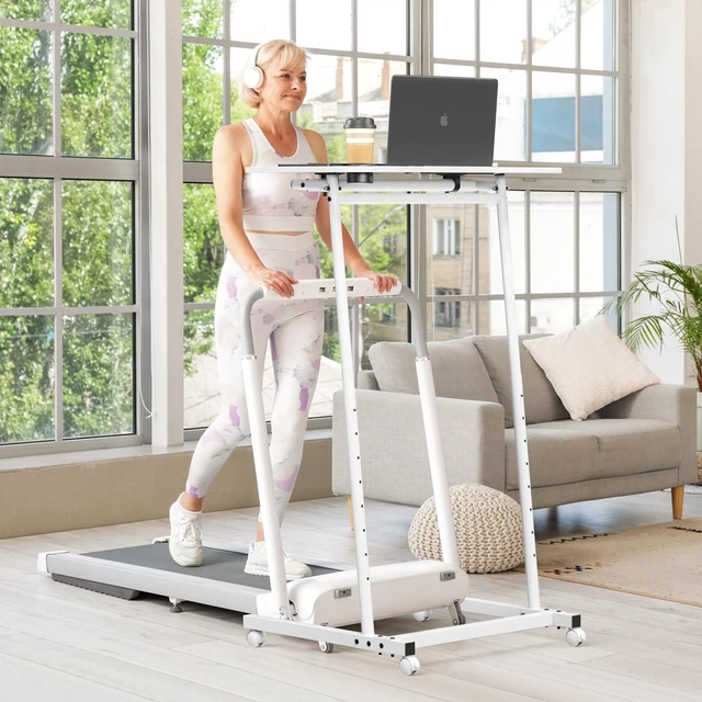 Alt view image 2 of 7 - Treadmill Desk, Mobile Small Standing Desk with Wheels for Walking Pad, Portable Table for Laptop, Rolling Table Adjustable Height, Bedside TableWhite