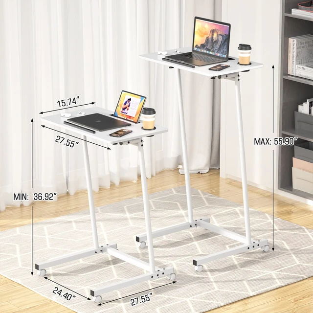 Alt view image 3 of 7 - Treadmill Desk, Mobile Small Standing Desk with Wheels for Walking Pad, Portable Table for Laptop, Rolling Table Adjustable Height, Bedside TableWhite